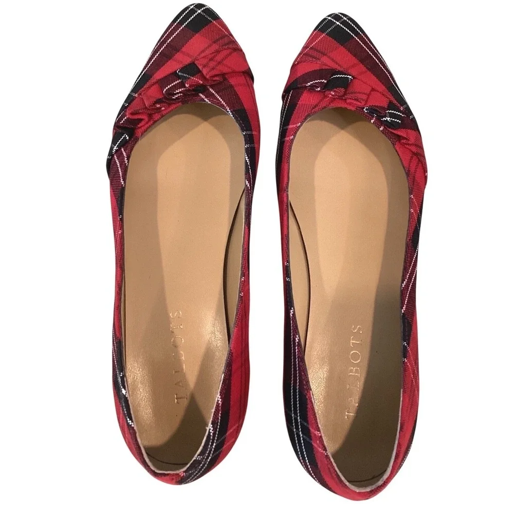 Talbots Edison Pleated Holiday Plaid‎ Pointed Toe Bow Flats Slip On Block - 8.5